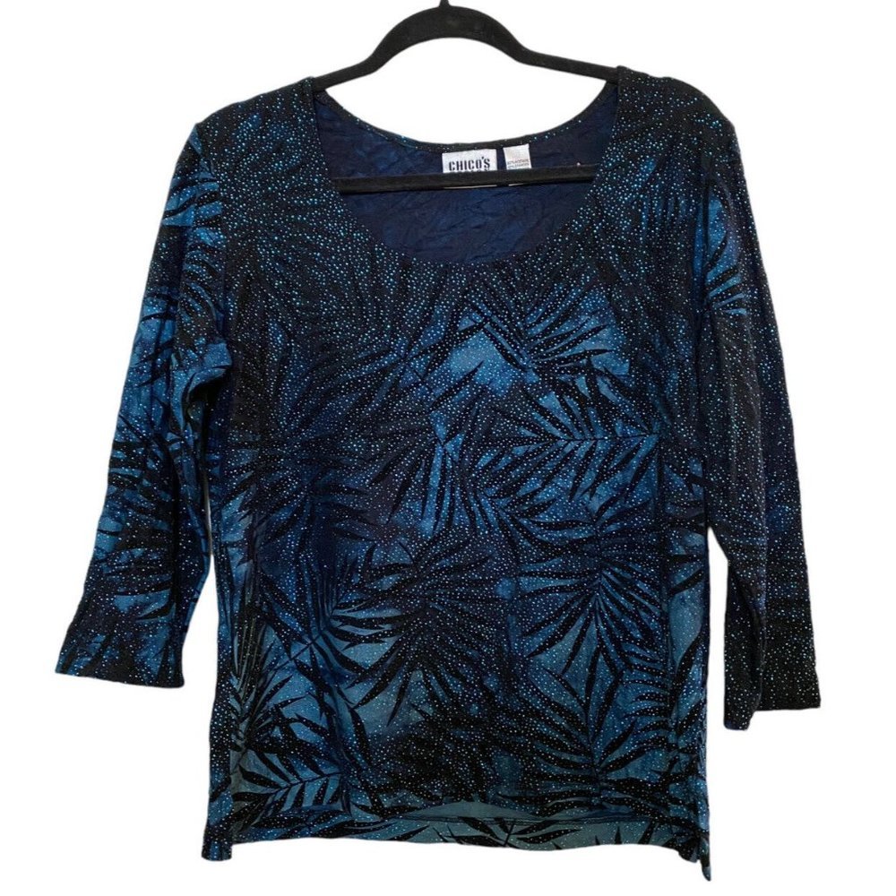 Vintage Chicos Design Womens Evening Wear Teal Glitter & Velvet Embellished Top